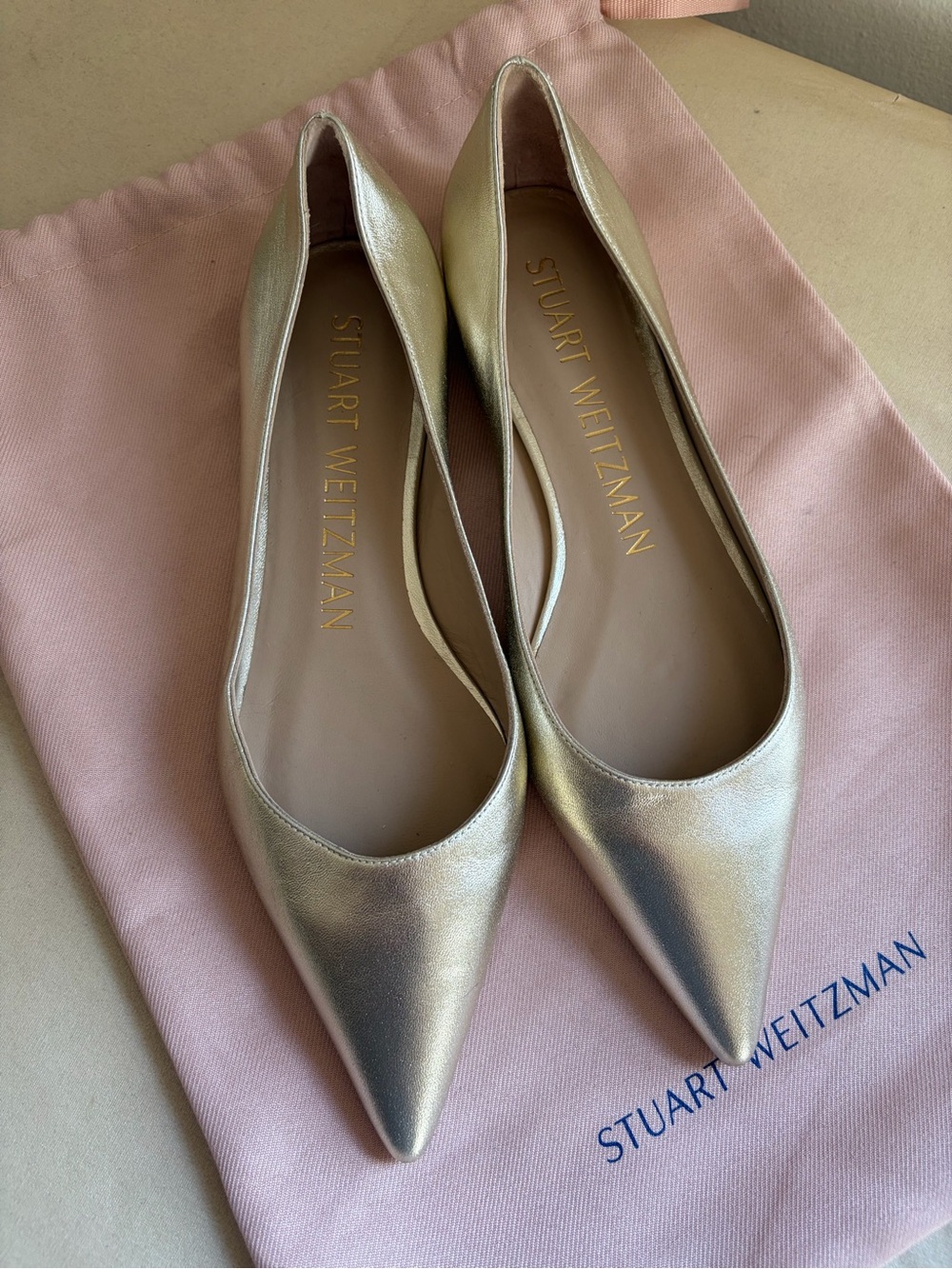 Stuart Weitzman Emilia Gold Pointed Toe Ballet Flats